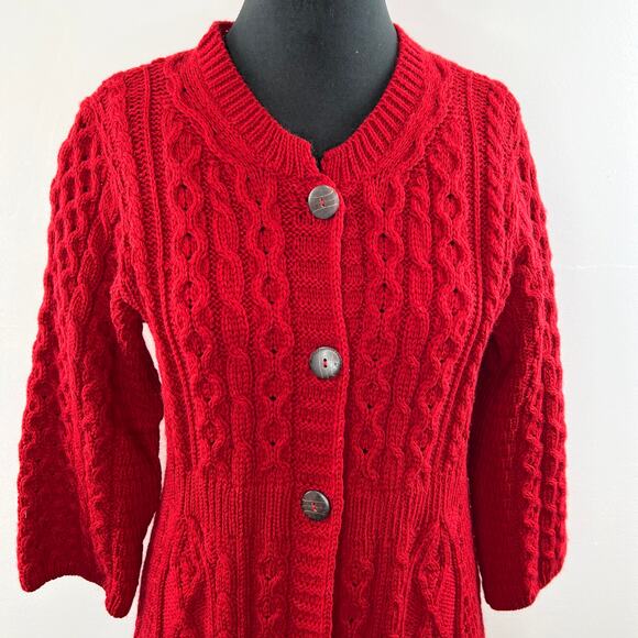 Kilronan Knitwear Red Ireland New Wool Cable Knit 3/4 Sleeve Cardigan Sweater L - Picture 2 of 7